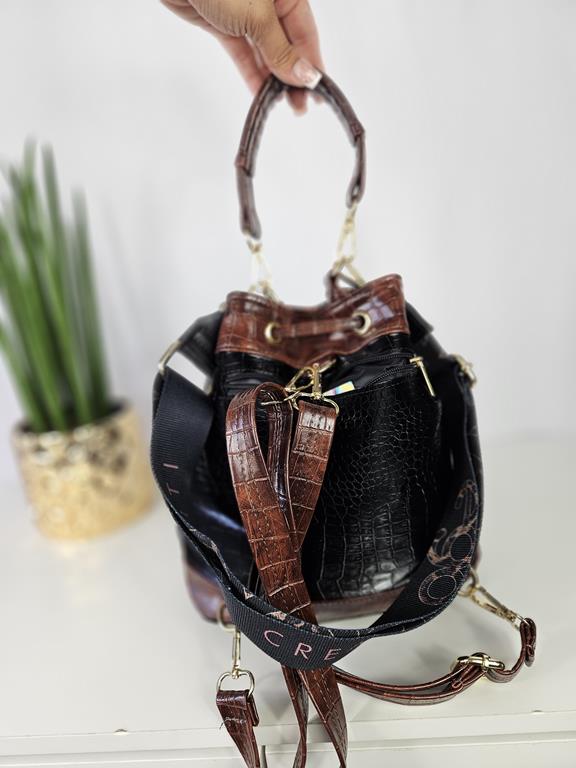 Piękny sakiewkowy torebko-plecak EGO w kolorze czarnym z dodatkiem brązu zdjęcie 3