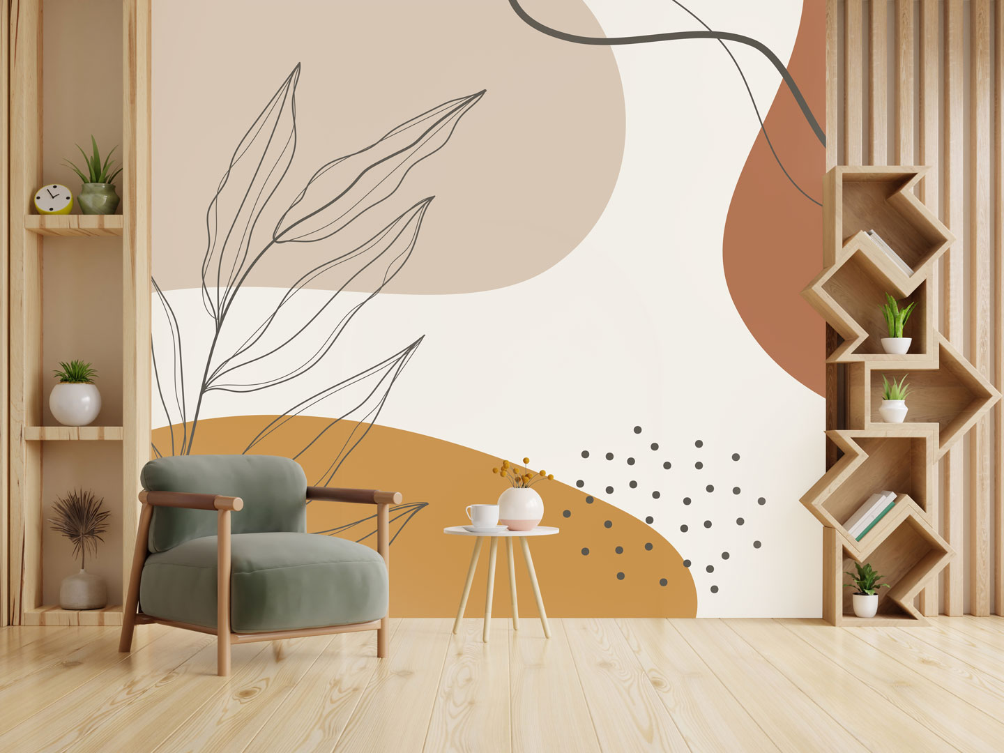 Abstraktní tapeta, větev v hnědé a tečky na krémovém pozadí, boho styl - Dekoori obrázek 2