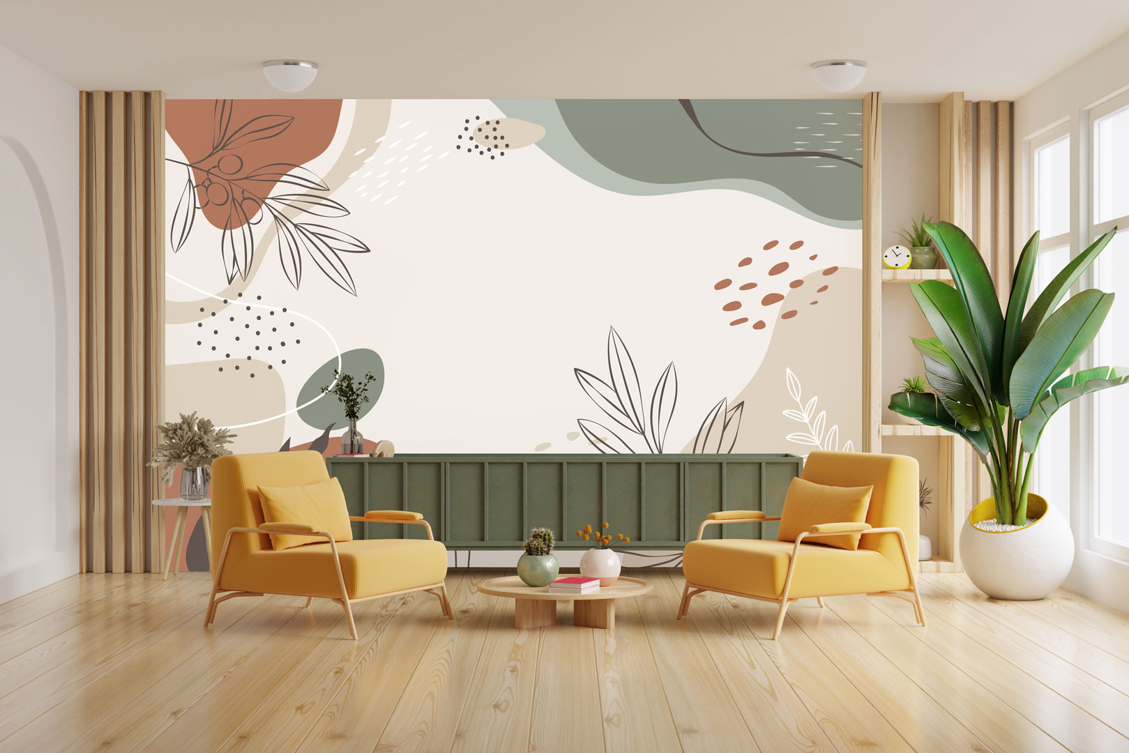 Umelecká dekoratívna tapeta, olivové vetvičky v béžovej a zelenej farbe, abstraktné tvary, boho štýl - Dekoori obrázok 4