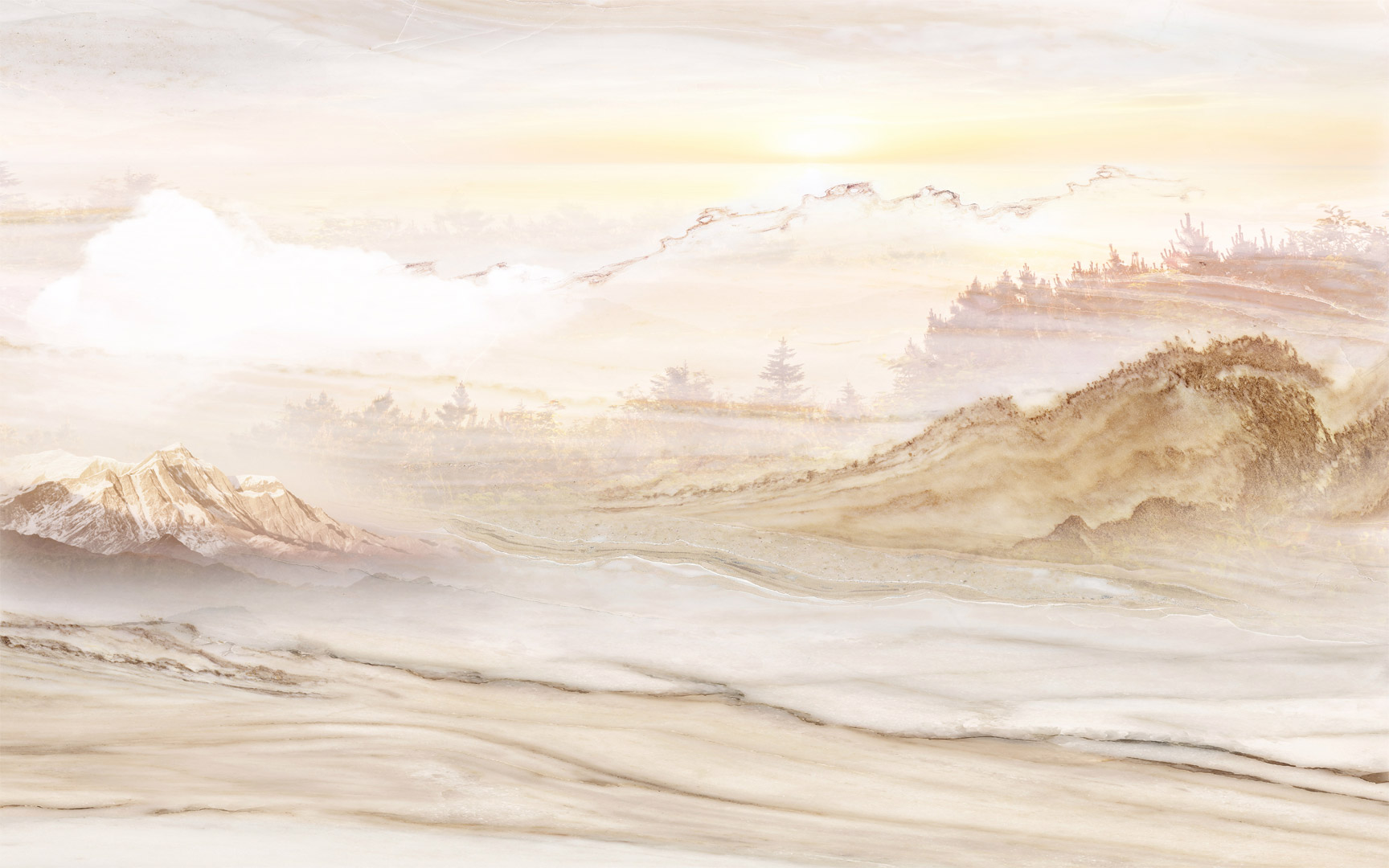 Béžová tapeta, piesková púšť, východ slnka, hory, les, boho štýl - Dekoori obrázok 1
