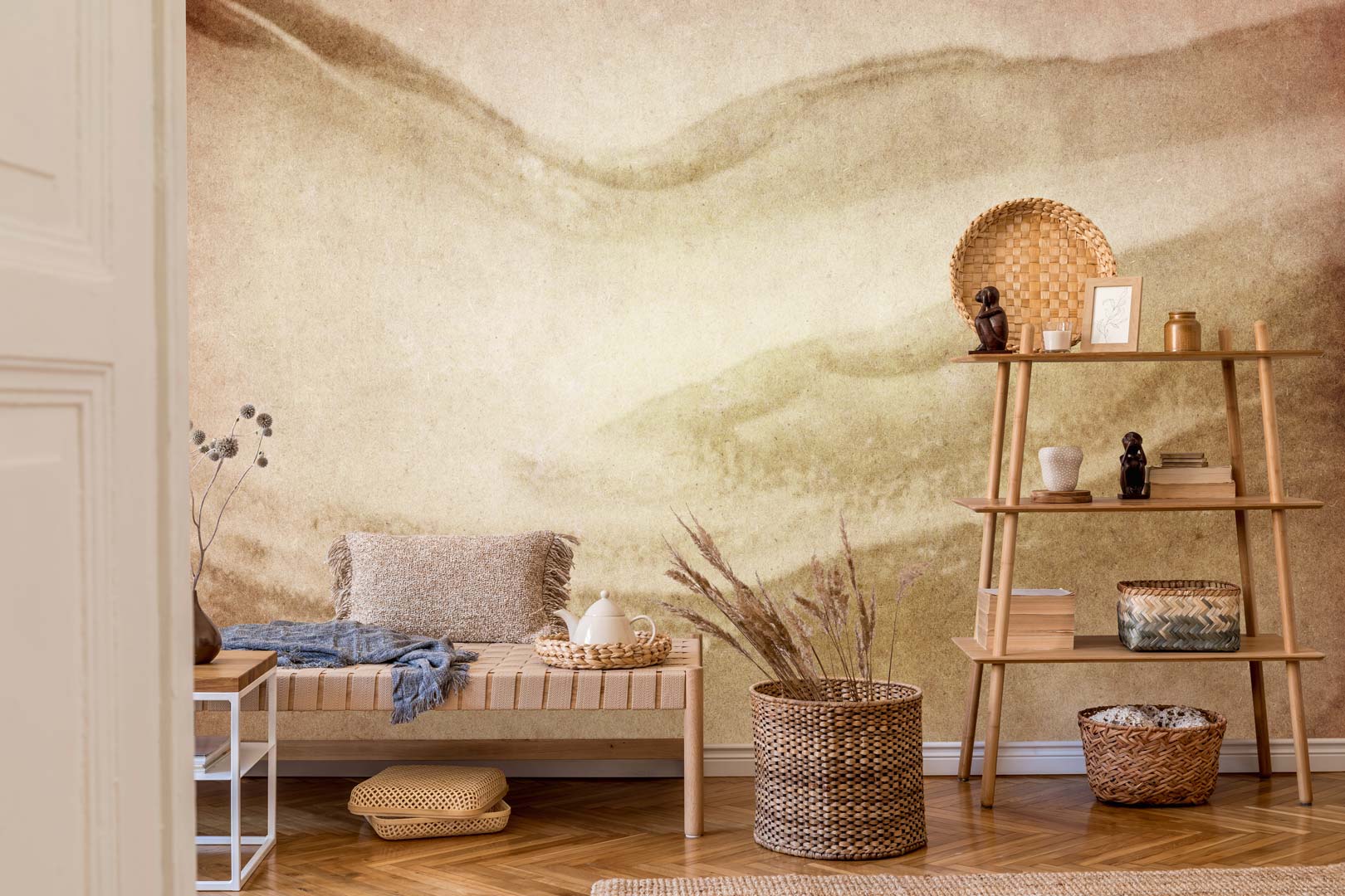 Béžová tapeta na stenu v boho štýle, imitácia opotrebovaného a starnúceho plátna - piesková búrka - Dekoori obrázok 2