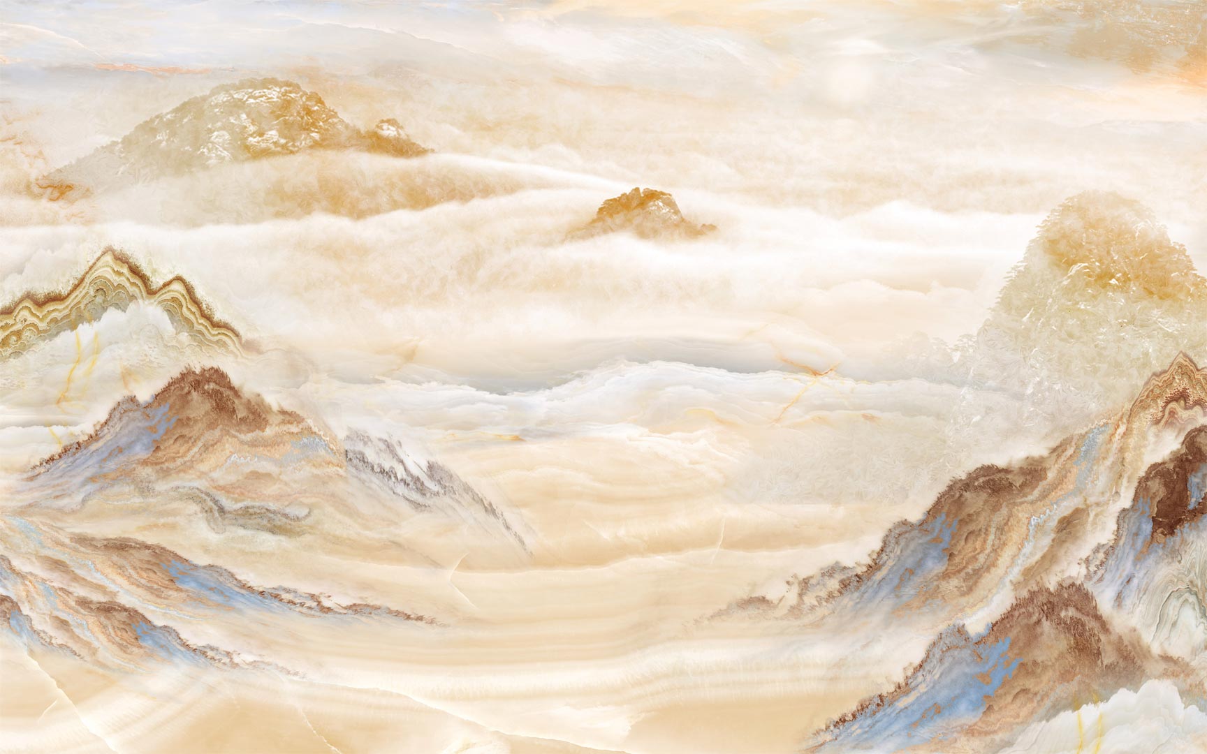 Beige and blue mural, mountain tops in clouds, painterly and boho style - Dekoori image 1