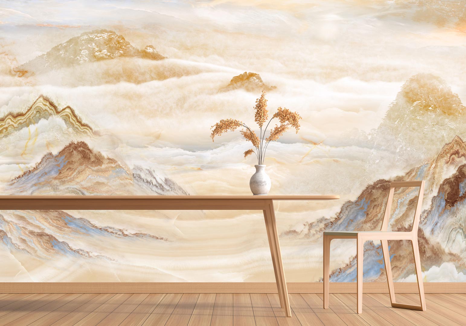 Beige and blue mural, mountain tops in clouds, painterly and boho style - Dekoori image 2