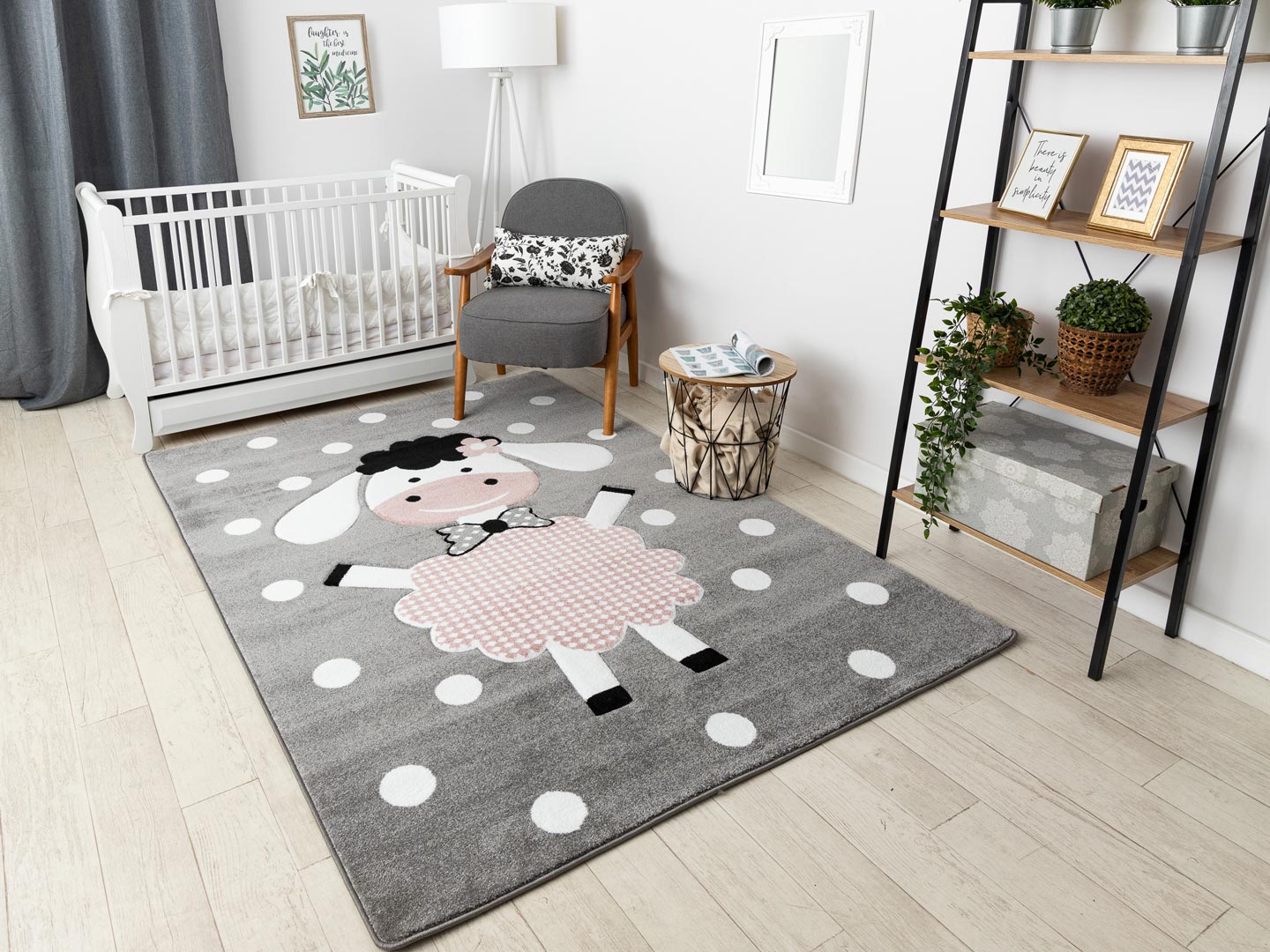 Dětský koberec: ovečka, ovce, tečky, šedý-růžový-bílý, pastelový, antialergenní - PETIT DOLLY - Dywany Łuszczów obrázek 4