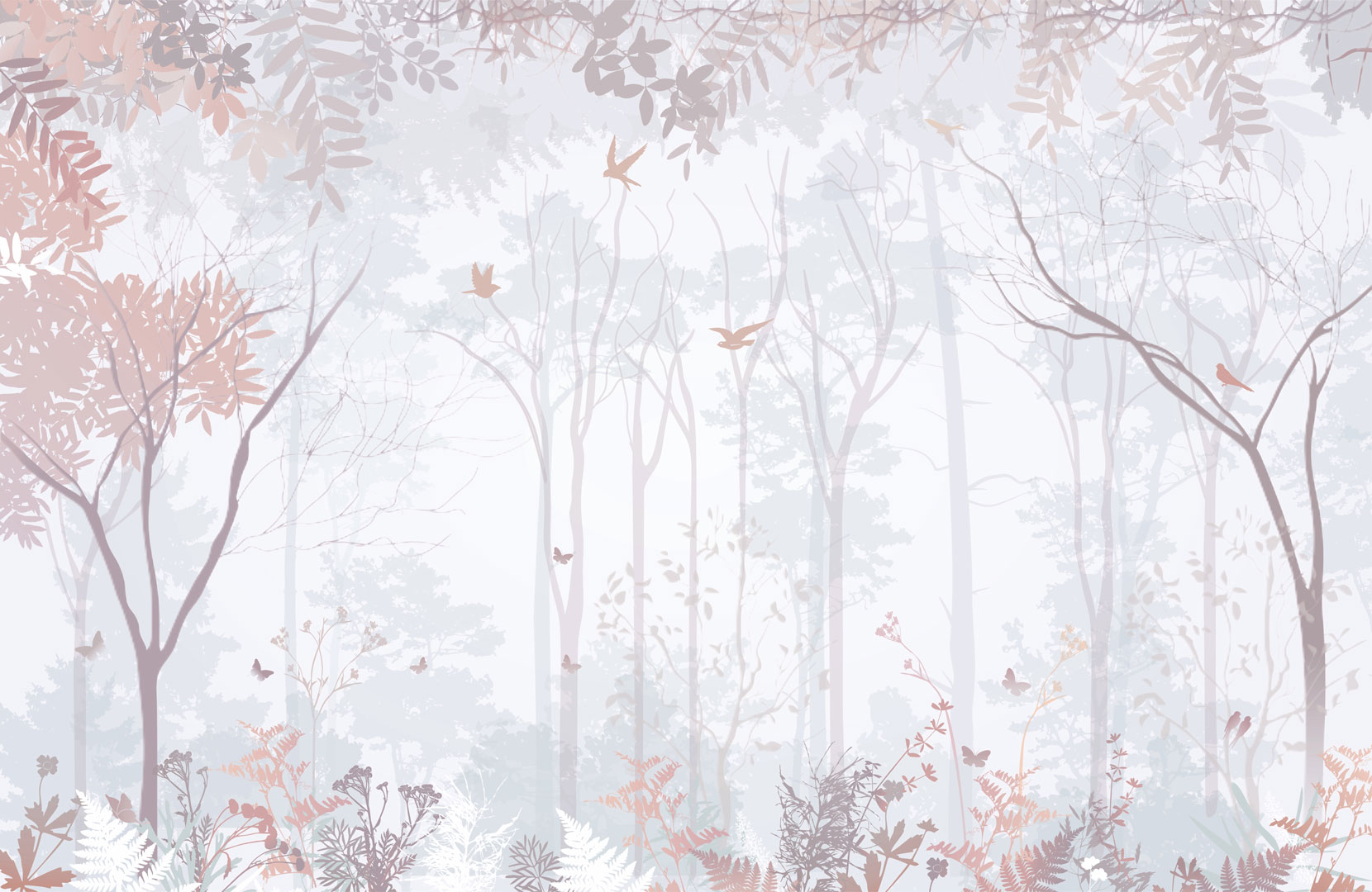 Pastelová tapeta v béžových tónech, začarovaný les s kapradinami, ptáky a motýly - Dekoori obrázek 1