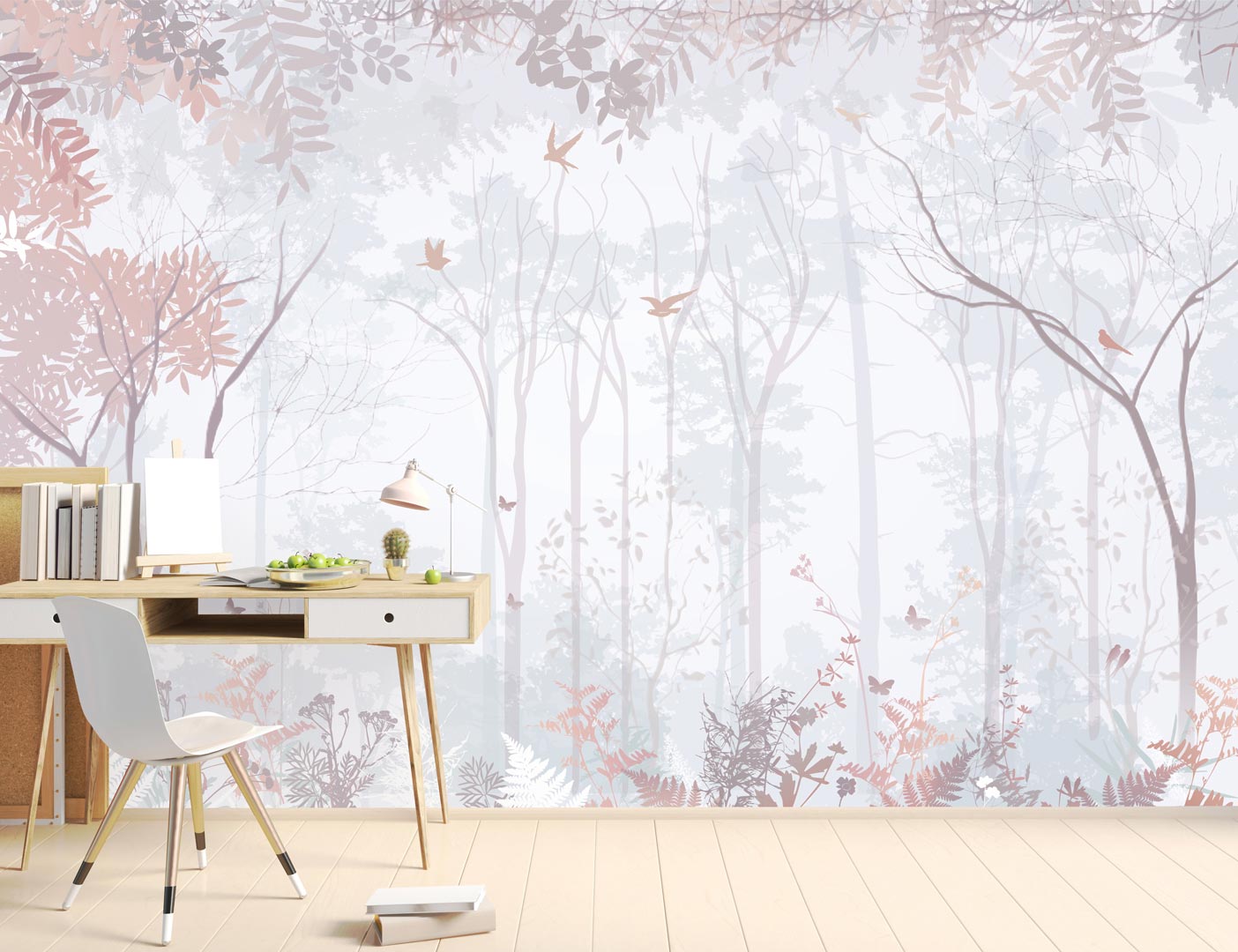 Pastel wallpaper in beige tones, enchanted forest with ferns, birds and butterflies - Dekoori image 2