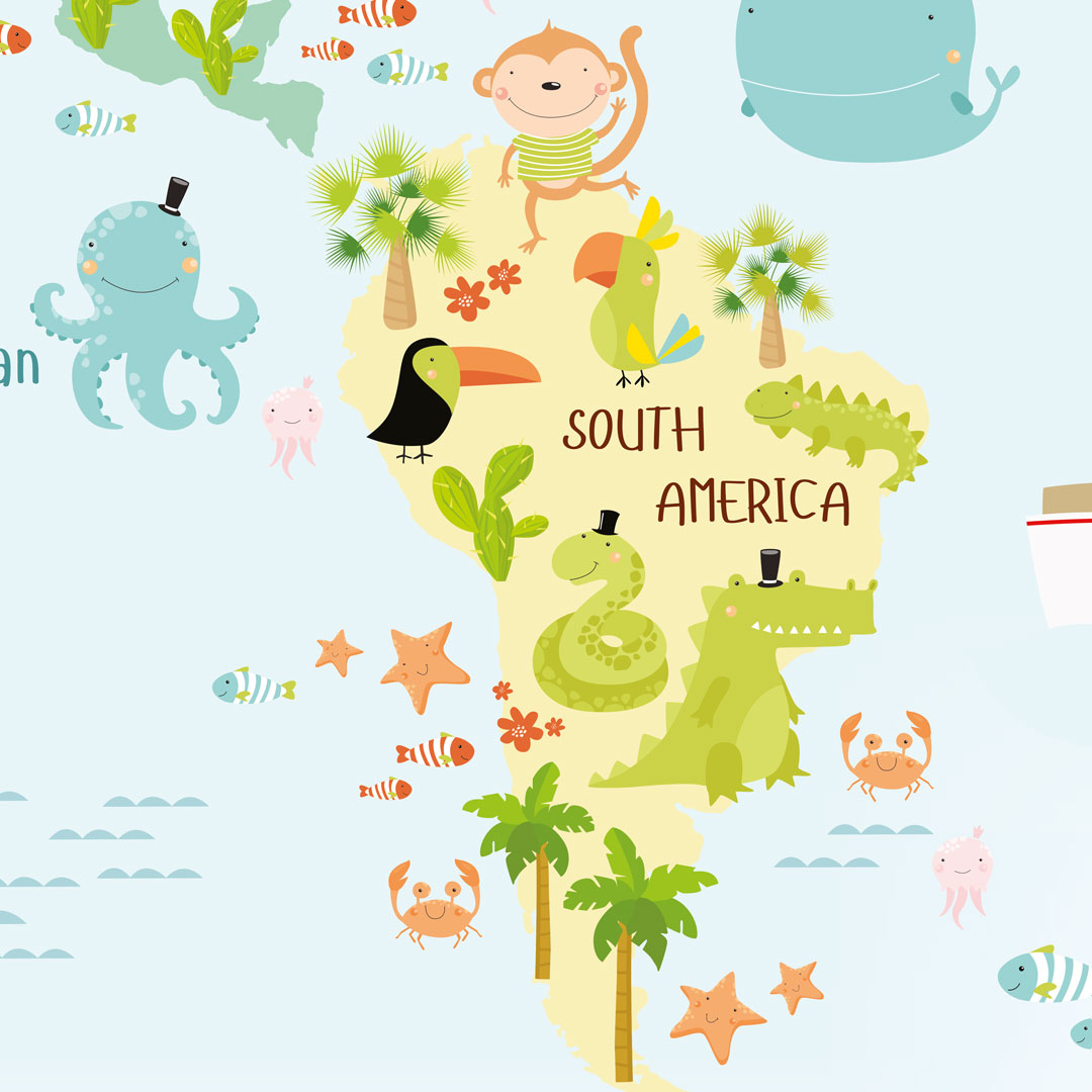 Tapeta mapa světa – dětská, se zvířaty a rostlinami - Dekoori obrázek 4
