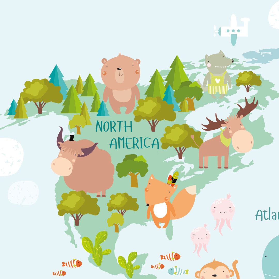 Tapeta mapa sveta – detská, so zvieratami, na stenu - Dekoori obrázok 3