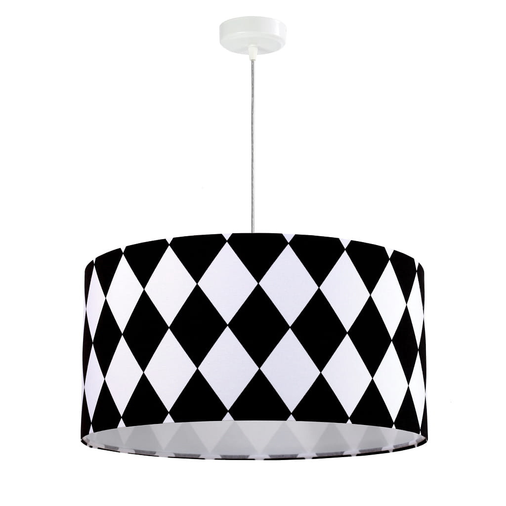 Černo-bílá závěsná lampa s velurovým stínidlem ve tvaru válce s velkými kosočtverci - BPS Koncept obrázek 3