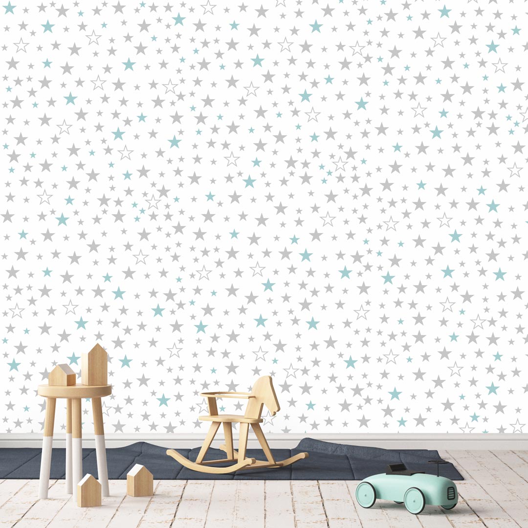 Biela detská tapeta so sivými a pastelovými tyrkysovými hviezdičkami o veľkosti 4, 6 a 8 cm - Dekoori obrázok 2