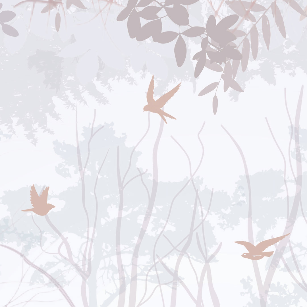 Pastelová tapeta v béžových tónech, začarovaný les s kapradinami, ptáky a motýly - Dekoori obrázek 4