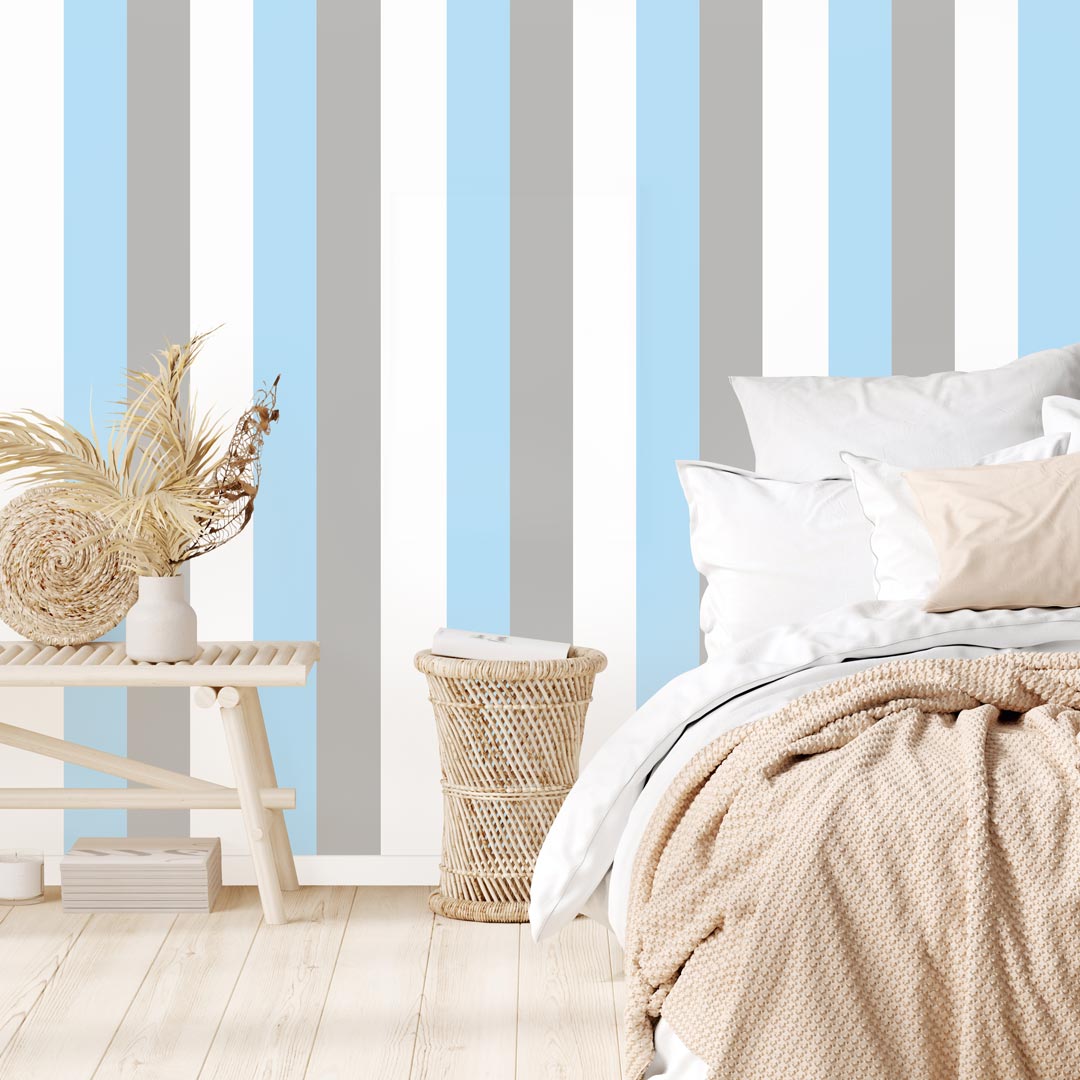 White, grey and blue wallpaper vertical striped (stripes:16,6 cm) wallpaper - Dekoori image 2