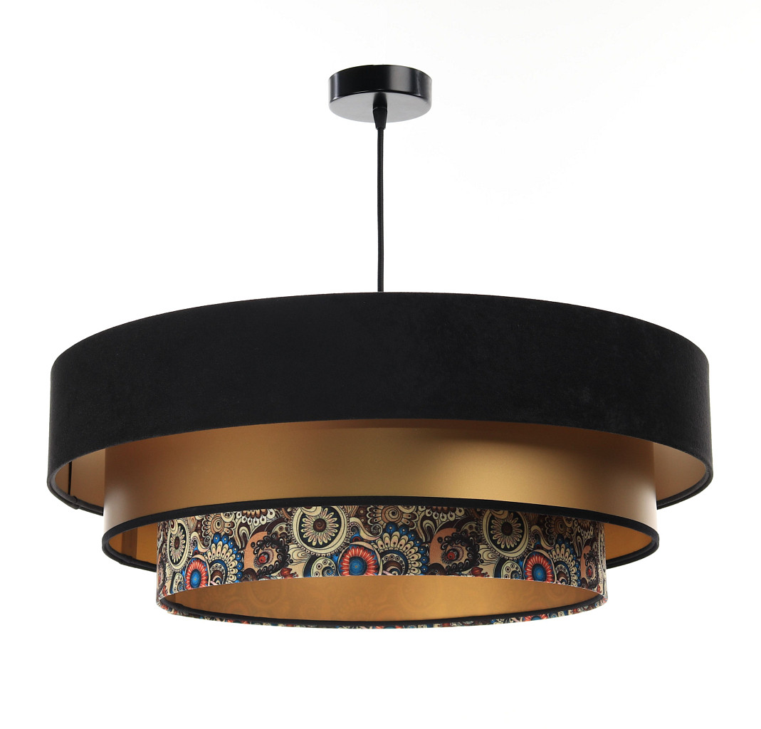 Czarno-złota lampa wisząca z okrągłymi abażurami z weluru i apli, kolorowy orientalny wzór TRINITI - BPS Koncept zdjęcie 3