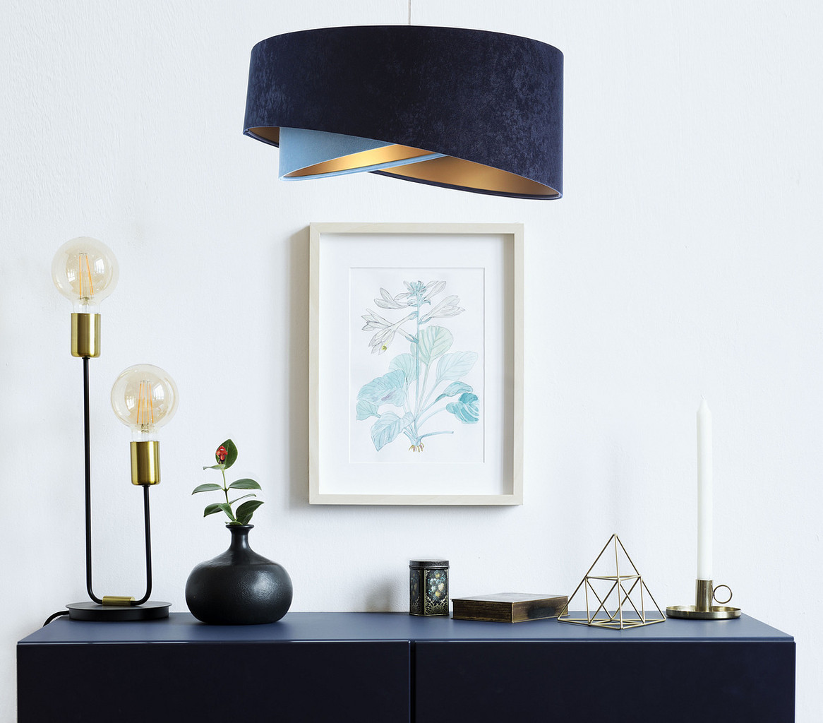 Závěsná lampa s asymetrickým velurovým stínidlem ve dvou odstínech modré se zlatým vnitřkem LORES - BPS Koncept obrázek 2