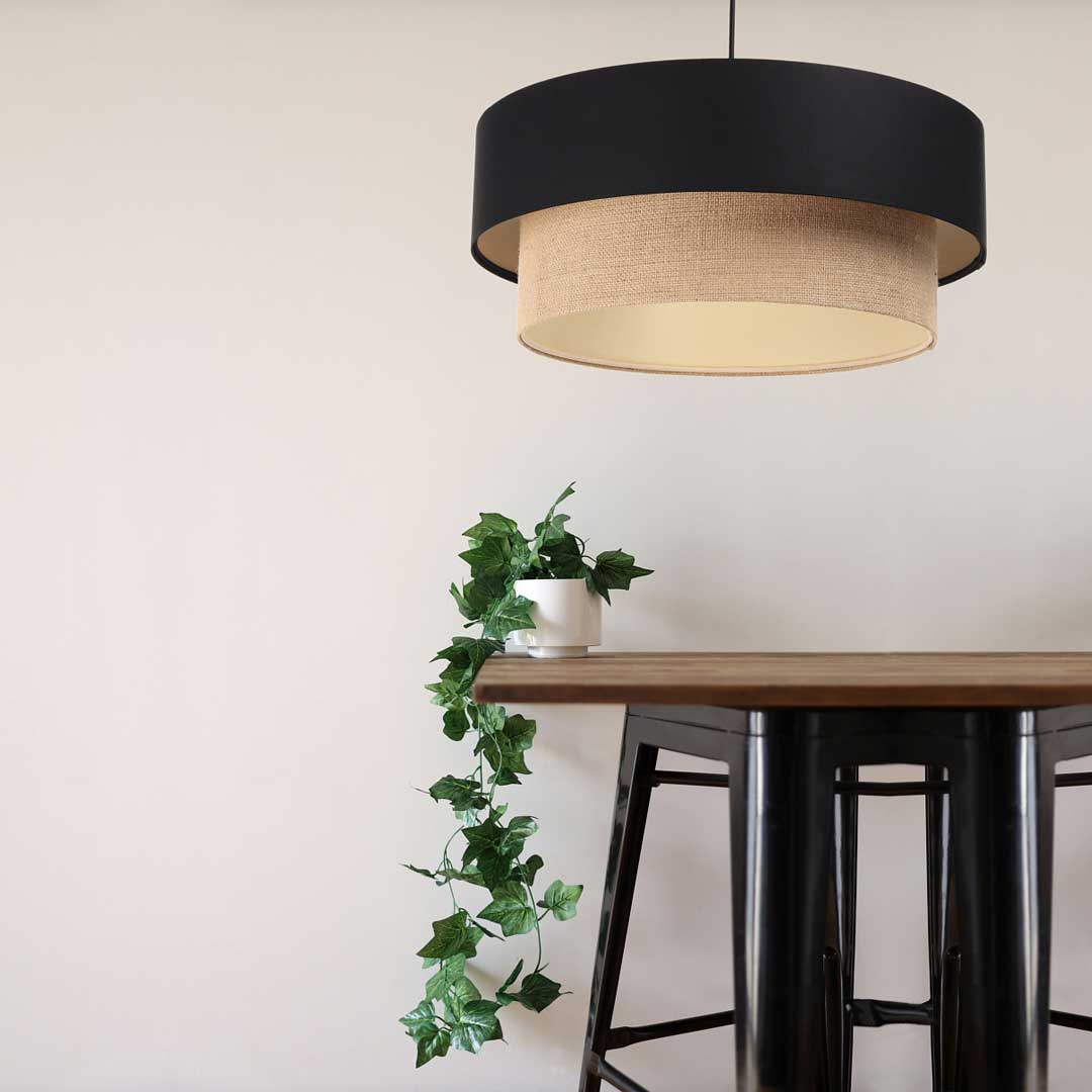 Beige and black pendant lamp, double jute and satin lampshade with cream interior, BOHO style - BPS Koncept image 2