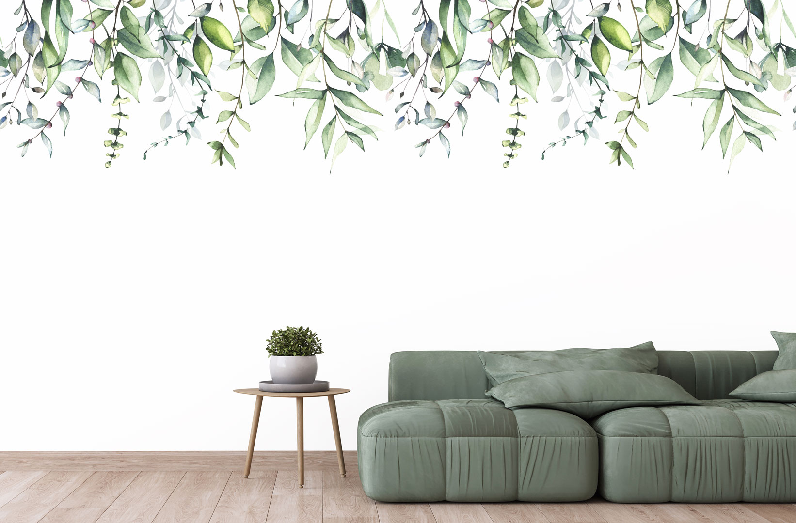 Dekorativní bílá tapeta s akvarelovým vzorem - visící zelené větve s listy - Dekoori obrázek 2