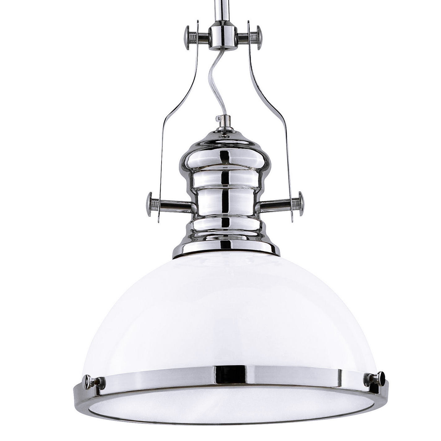 Industriálna loftová závesná lampa ETTORE, priemyselná kovová biela kupola na rúrke, chrómované časti - Lumina Deco obrázok 1