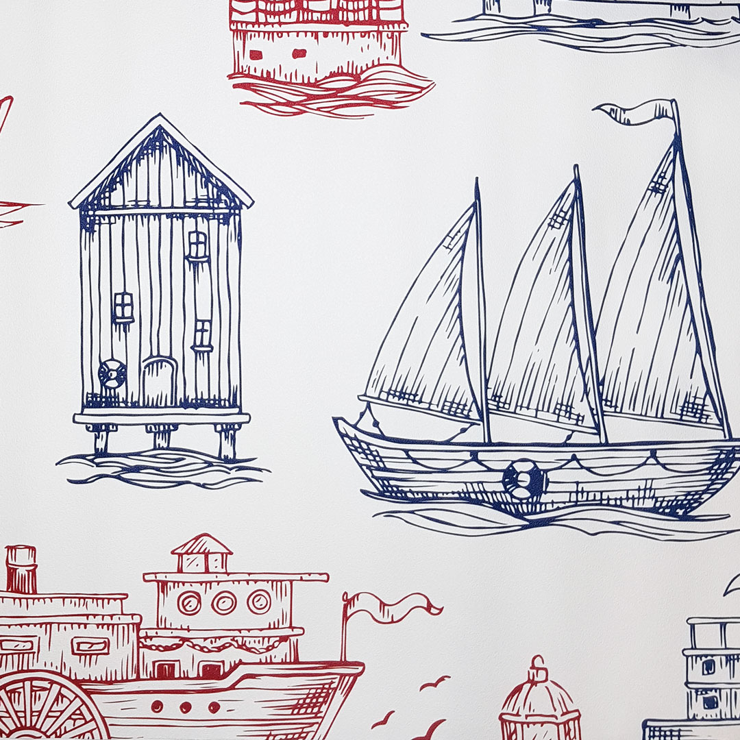 Námořnická tmavě modro-červená tapeta - maják, kormidlo, lodě, velryba - Dekoori obrázek 3