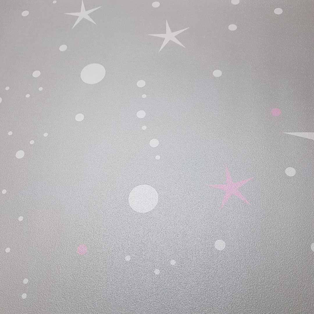 Grey wallpaper with white and pink stars and dots - Dekoori image 3