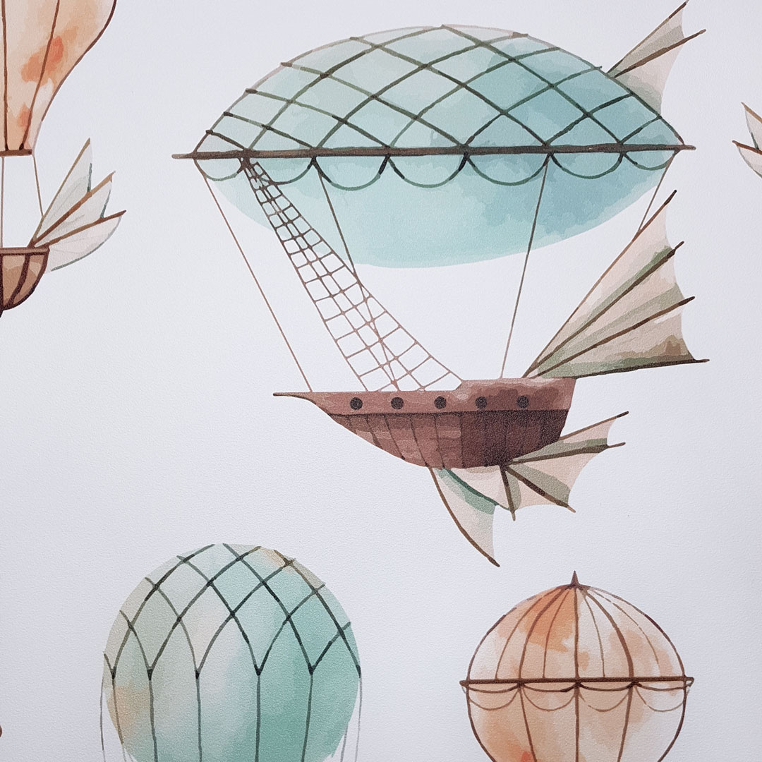Bílá tapeta pro děti s balóny: létající stroje a vzducholodě přímo z pohádky - Dekoori obrázek 3