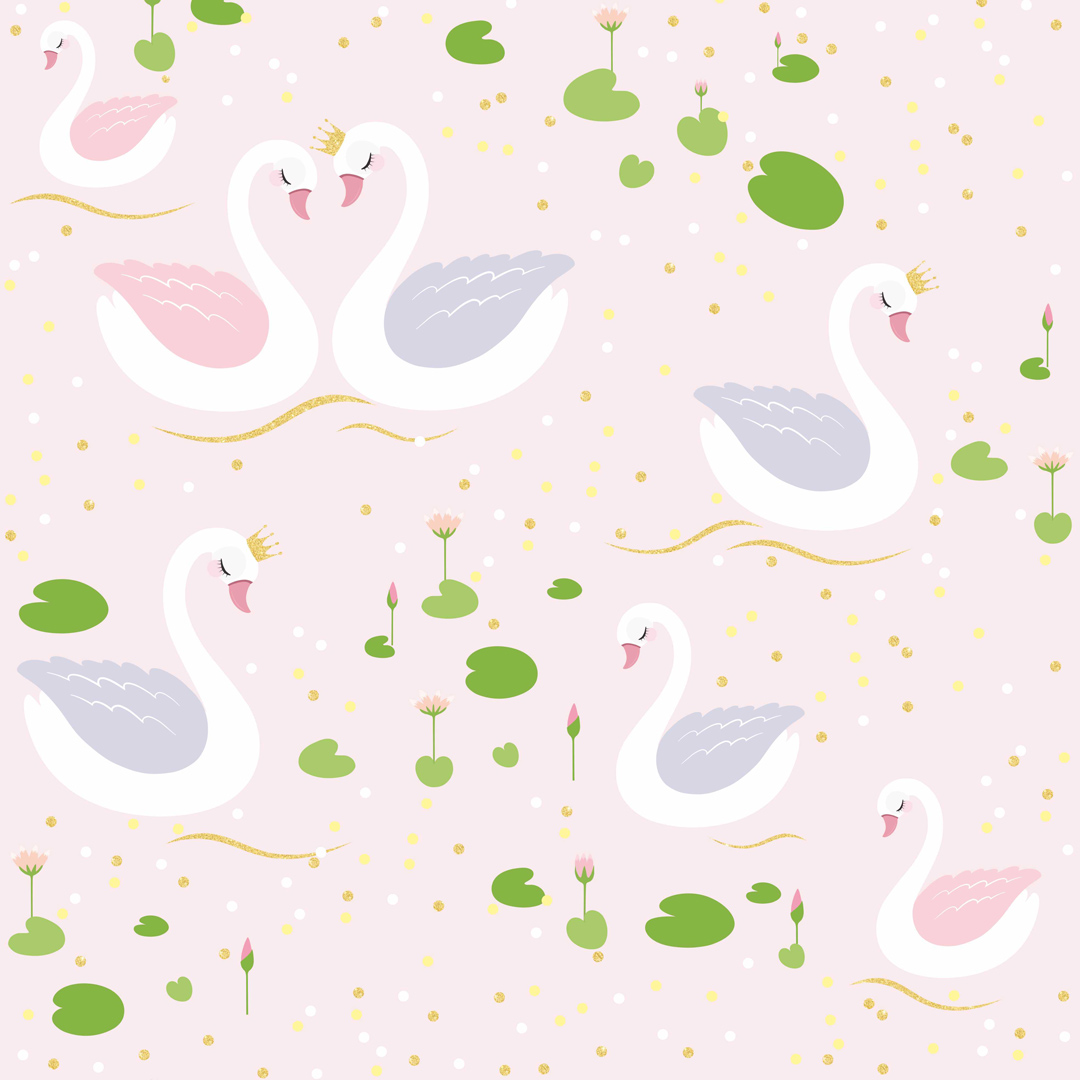 Tapeta s bielymi zaľúbenými labuťami plávajúcimi na rozprávkovom rybníku - do dievčenskej izby - Dekoori obrázok 1
