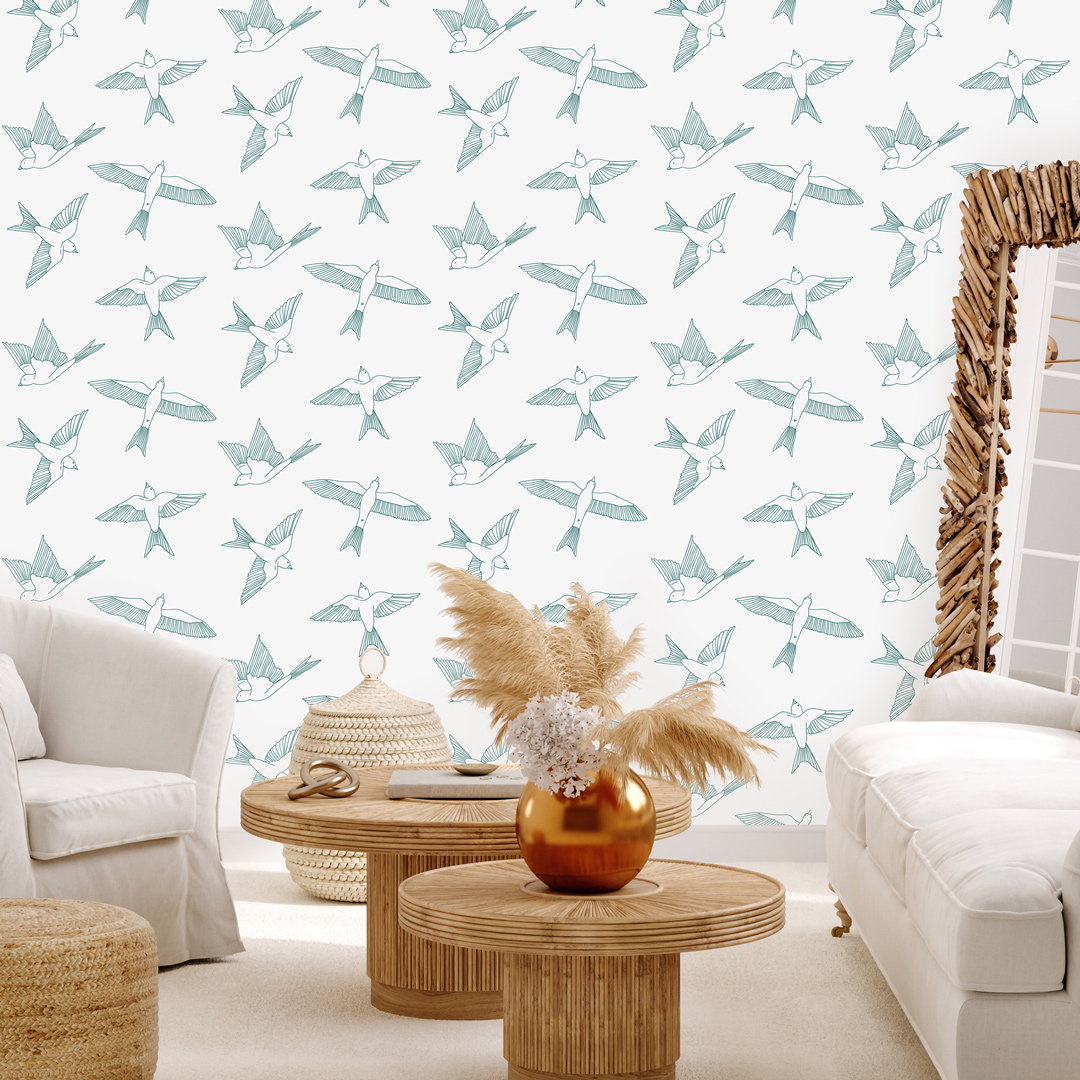 Tapeta s tyrkysovými létajícími ptáky ve stylu BOHO na šedém pozadí - Dekoori obrázek 2
