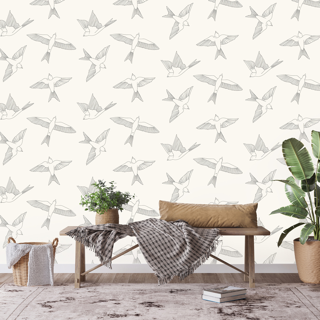 Jemná béžová tapeta na stenu so sivými letiacimi vtákmi BOHO - Dekoori obrázok 2