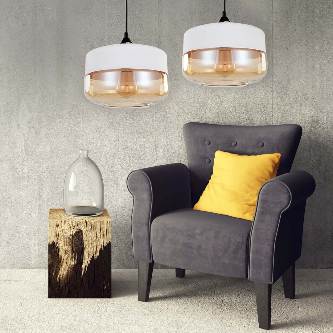 Stropní lampa, svítidlo BARLET bílé skleněné jantarové skandinávské loftové - Lumina Deco obrázek 2