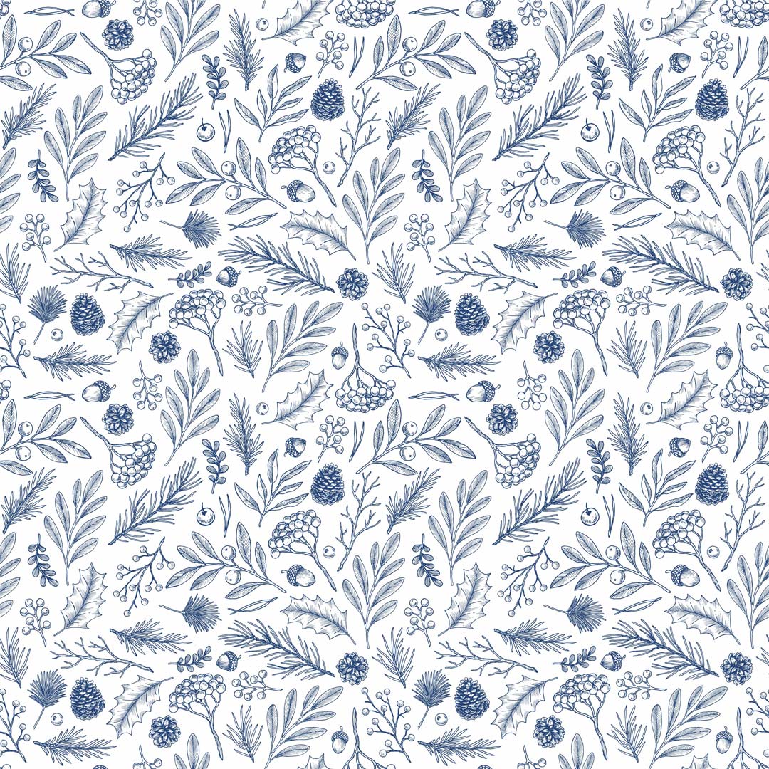 Moderní bílá tapeta s tmavě modrým lesním motivem listů a šišek - Dekoori obrázek 1