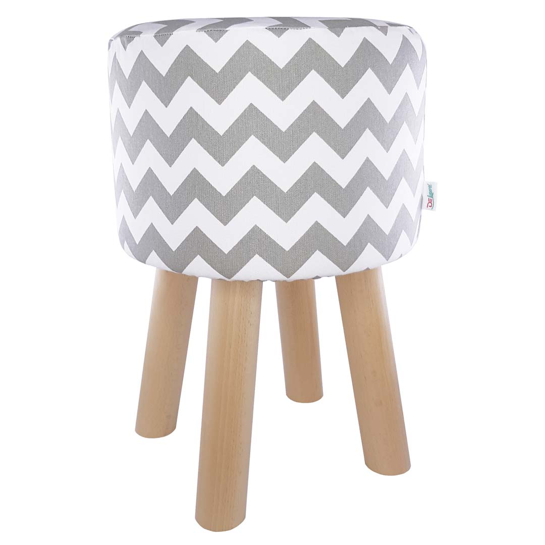 White and grey pouf/pouffe/hassock with ZIG-ZAGS wooden stool Scandinavian style loft - Lily Pouf image 1