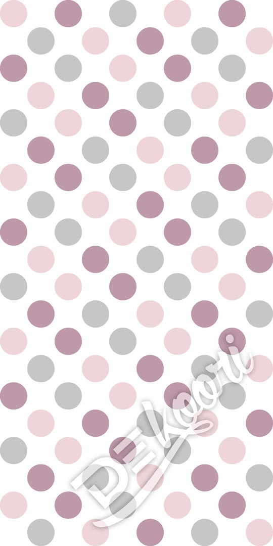 Biała tapeta w fioletowe, różowe i szare kropki, groszki, grochy 10 cm - Dekoori zdjęcie 3