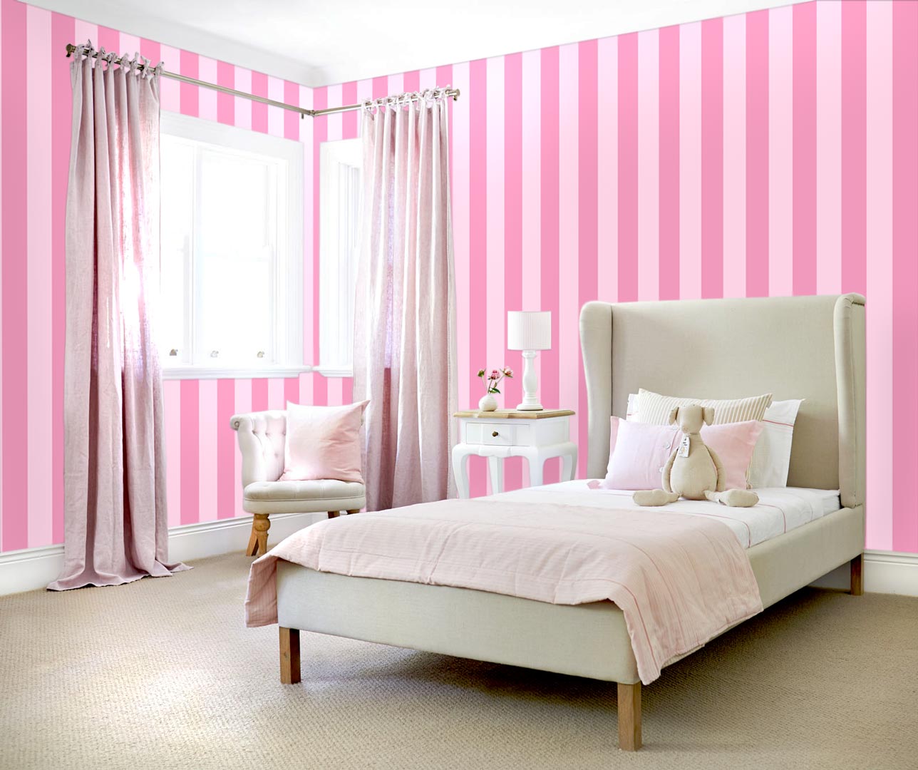 Pink children's vertical striped wallpaper for girl's room - Dekoori image 4