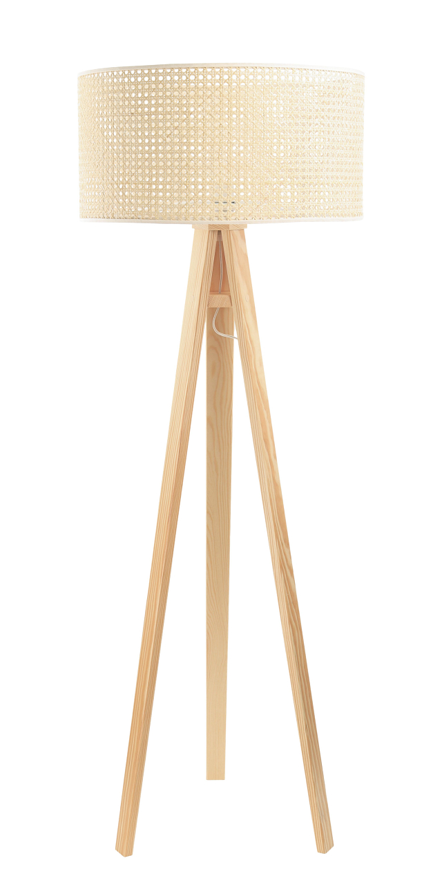 Stojací lampa ROTANG v boho stylu s přírodním ratanovým stínidlem ve tvaru válce na trojnožce - BPS Koncept obrázek 1