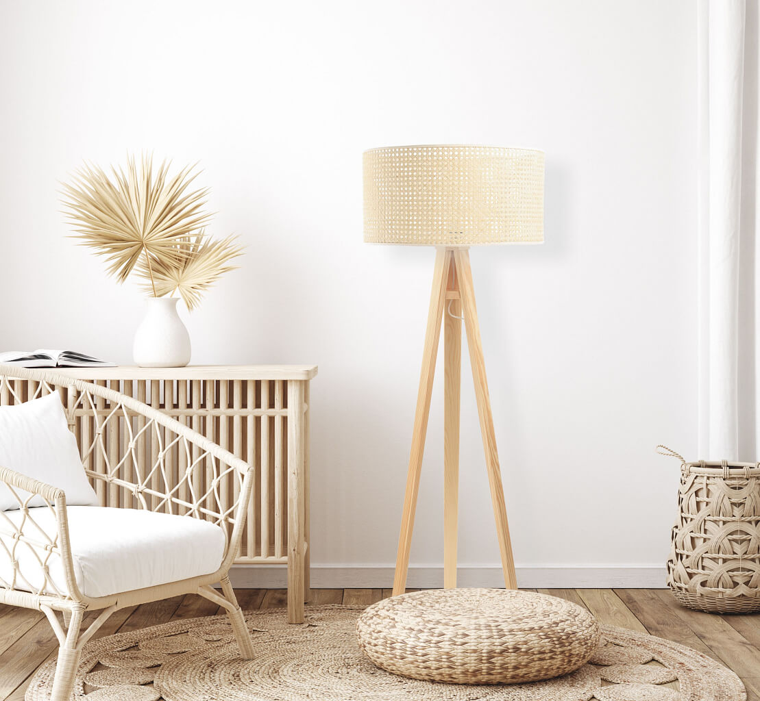 Natural boho style floor lamp with rattan cylinder-shaped lampshade on tripod - ROTANG - BPS Koncept image 2