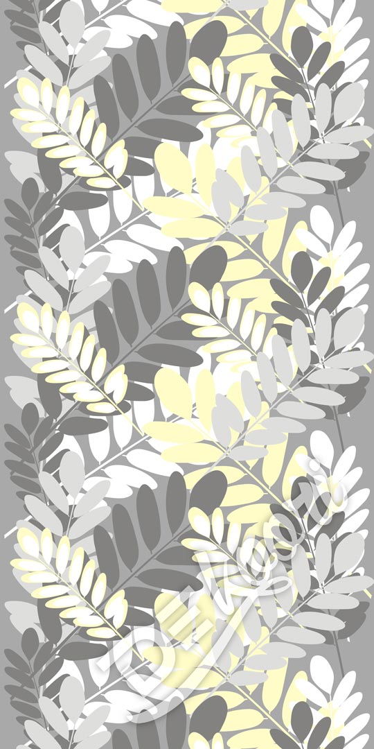 Tapeta šedo-bílo-žlutá s listy trnovníku akátu, rostlinný motiv - Dekoori obrázek 3