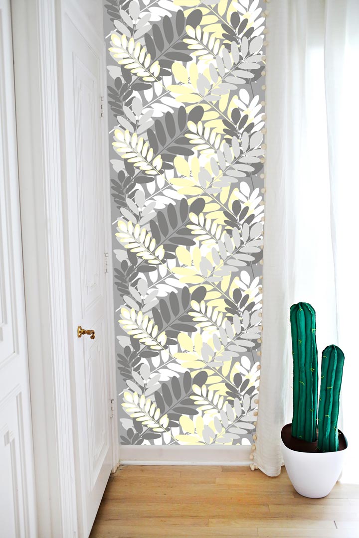 Tapeta šedo-bílo-žlutá s listy trnovníku akátu, rostlinný motiv - Dekoori obrázek 4
