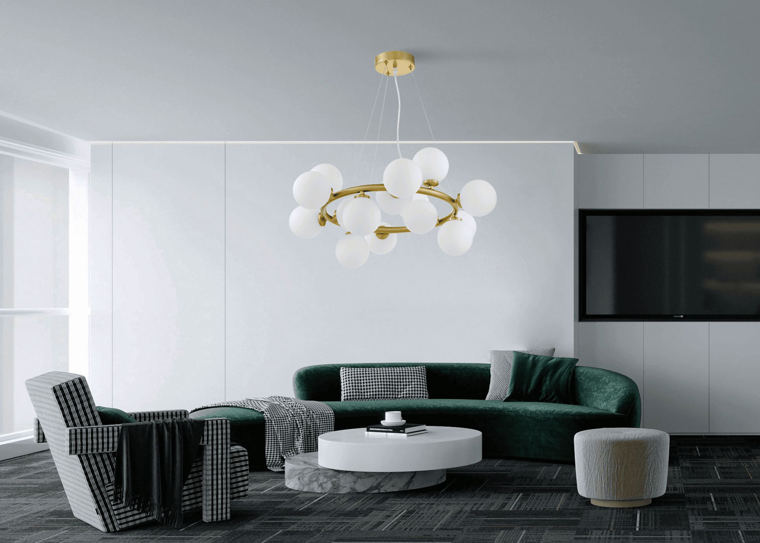 Viacbodová závesná lampa MARSIADA vo farbe mosadze, moderné biele guľové tienidlá - Lumina Deco obrázok 4
