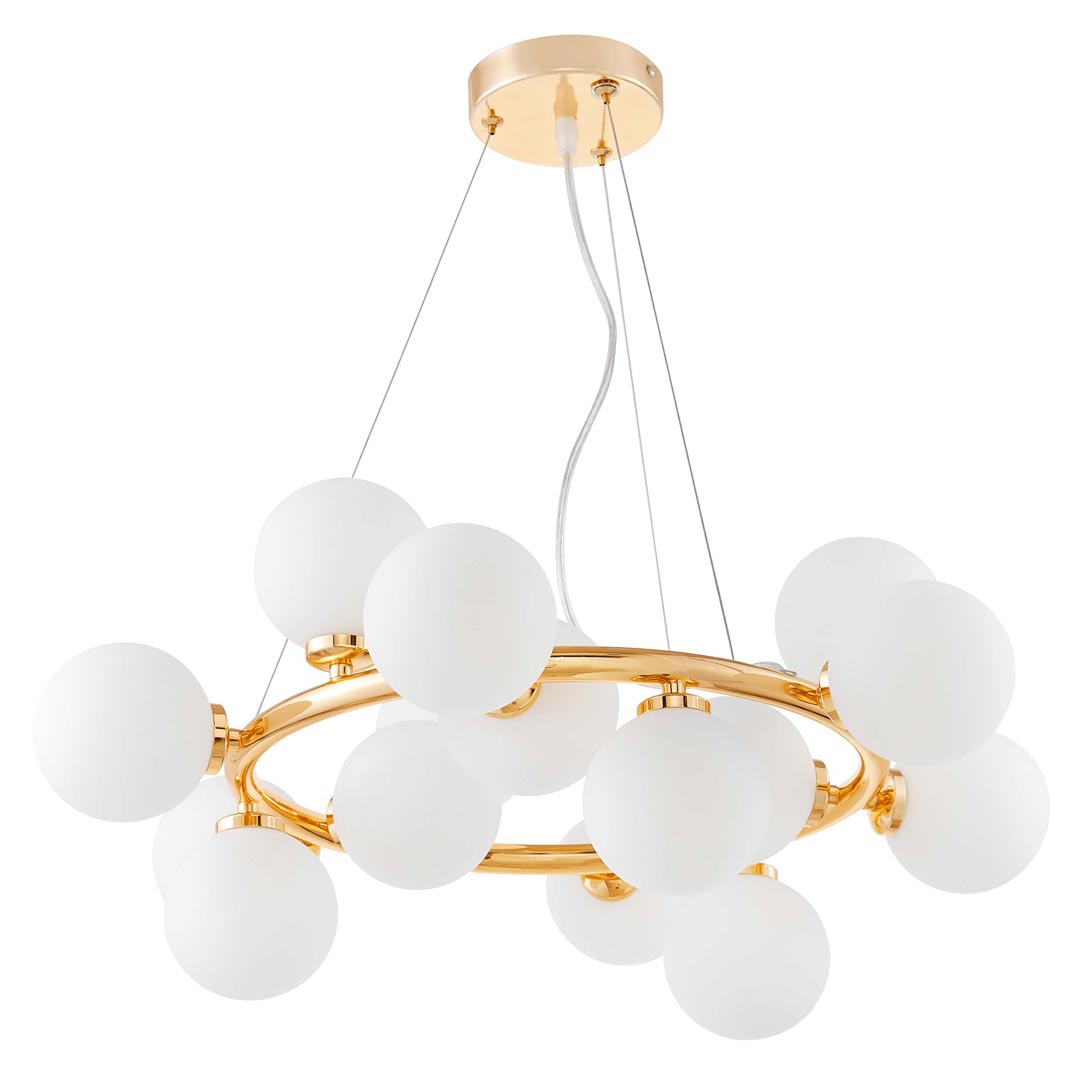 Champagne gold round pendant lamp, chandelier, white glass ball shades - MARSIADA - Lumina Deco image 1
