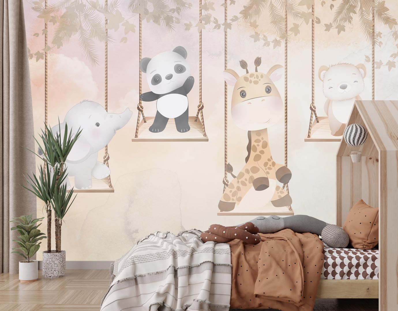 Béžová detská fototapeta, veselé zvieratká na hojdačke, slon, panda, žirafa, medvedík - Dekoori obrázok 2