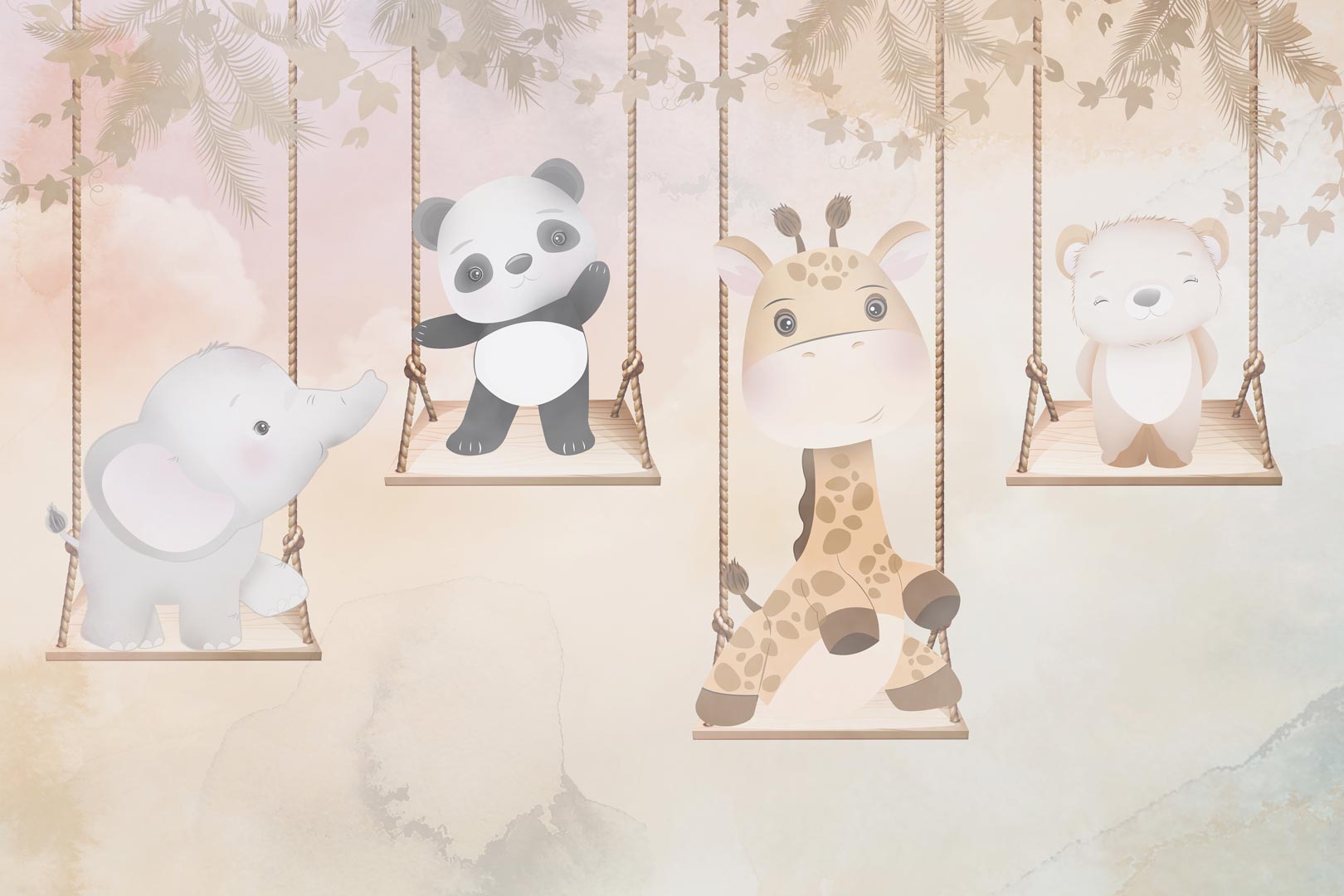 Beżowa fototapeta dziecięca, wesołe ZWIERZĘTA NA HUŚTAWCE, słonik, miś panda, żyrafa, niedźwiadek - Dekoori zdjęcie 1