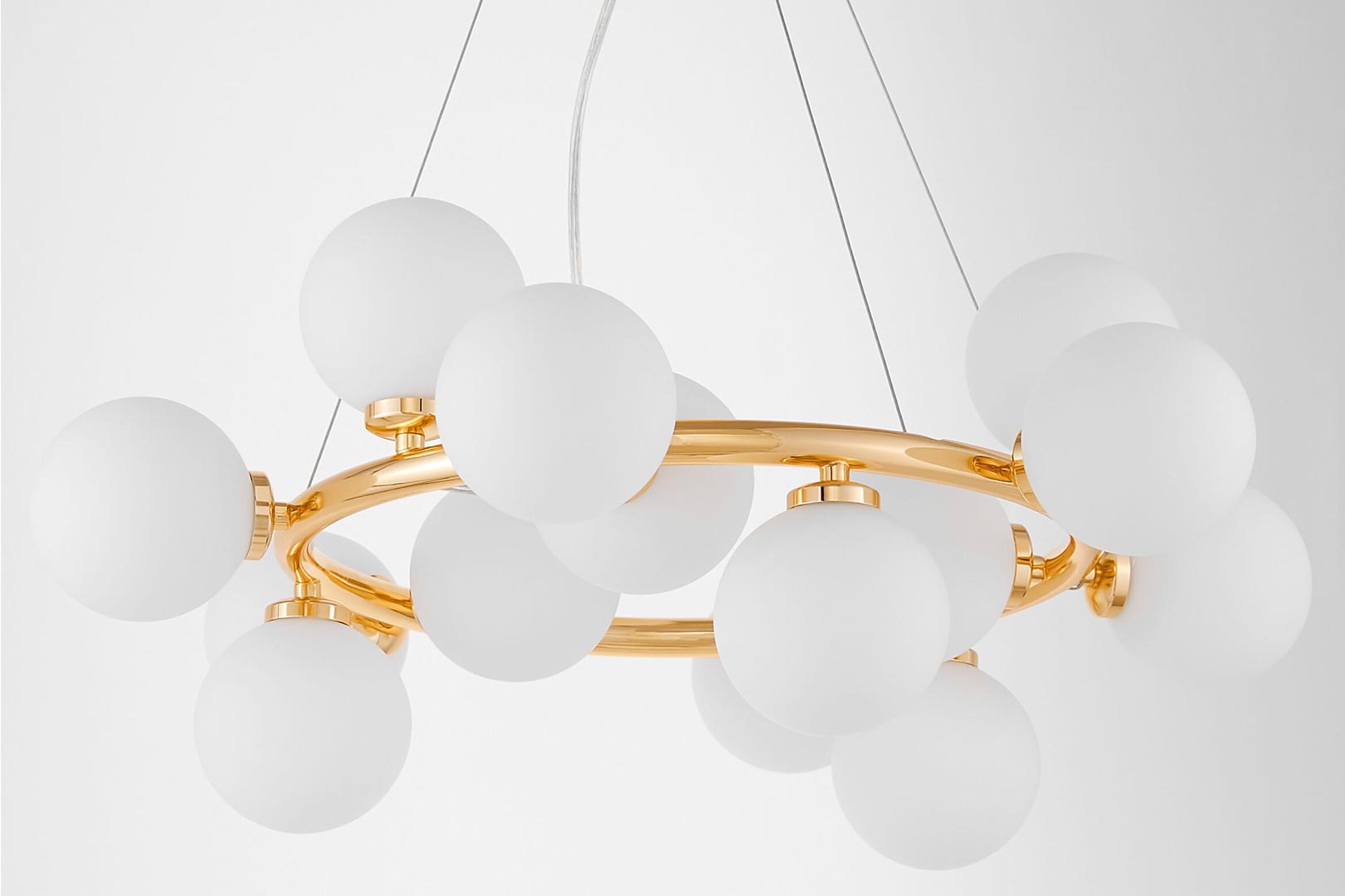 Champagne gold round pendant lamp, chandelier, white glass ball shades - MARSIADA - Lumina Deco image 3