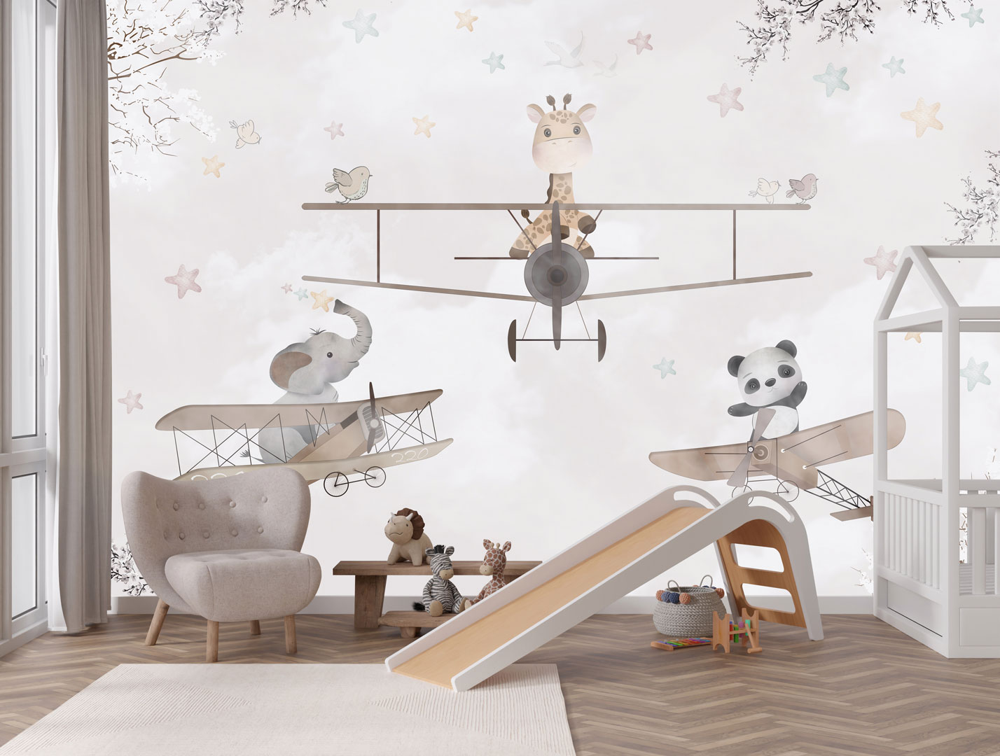 Wallpaper for children, AVIONETTE JOURNEY, animals flying in planes with propellers - Dekoori image 2