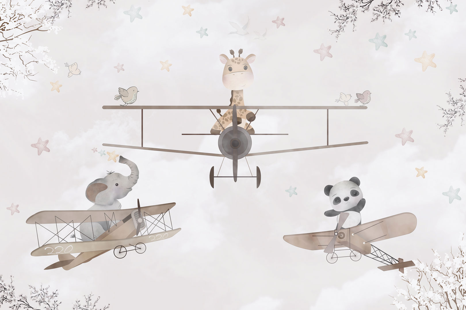 Tapeta na ścianę dla dzieci PODRÓŻ AWIONETKĄ - latające zwierzęta w samolotach ze śmigłami - Dekoori zdjęcie 1