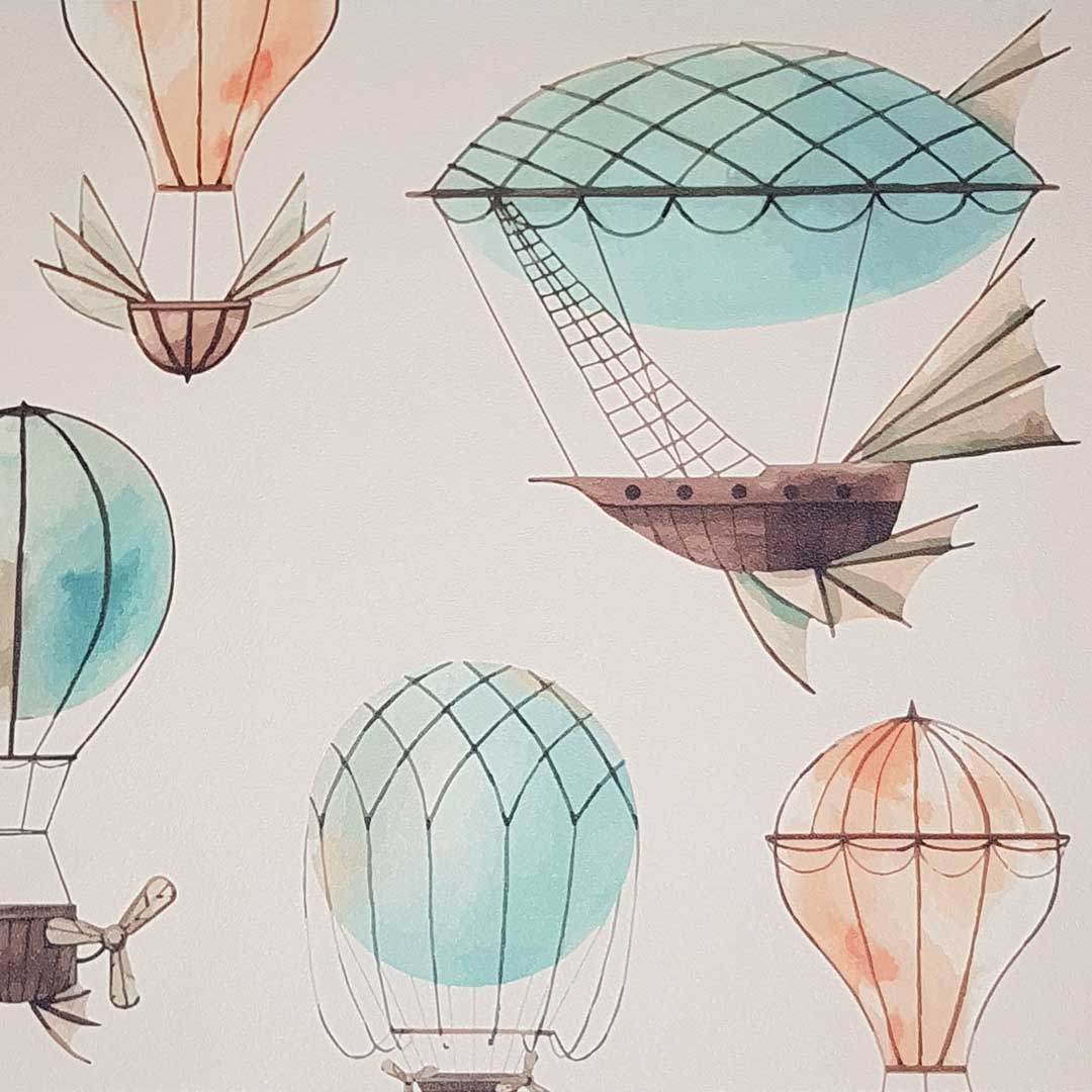 Detské tapety s balónmi, fantastickými lietajúcimi strojmi a vzducholoďami na béžovom pozadí - Dekoori obrázok 3