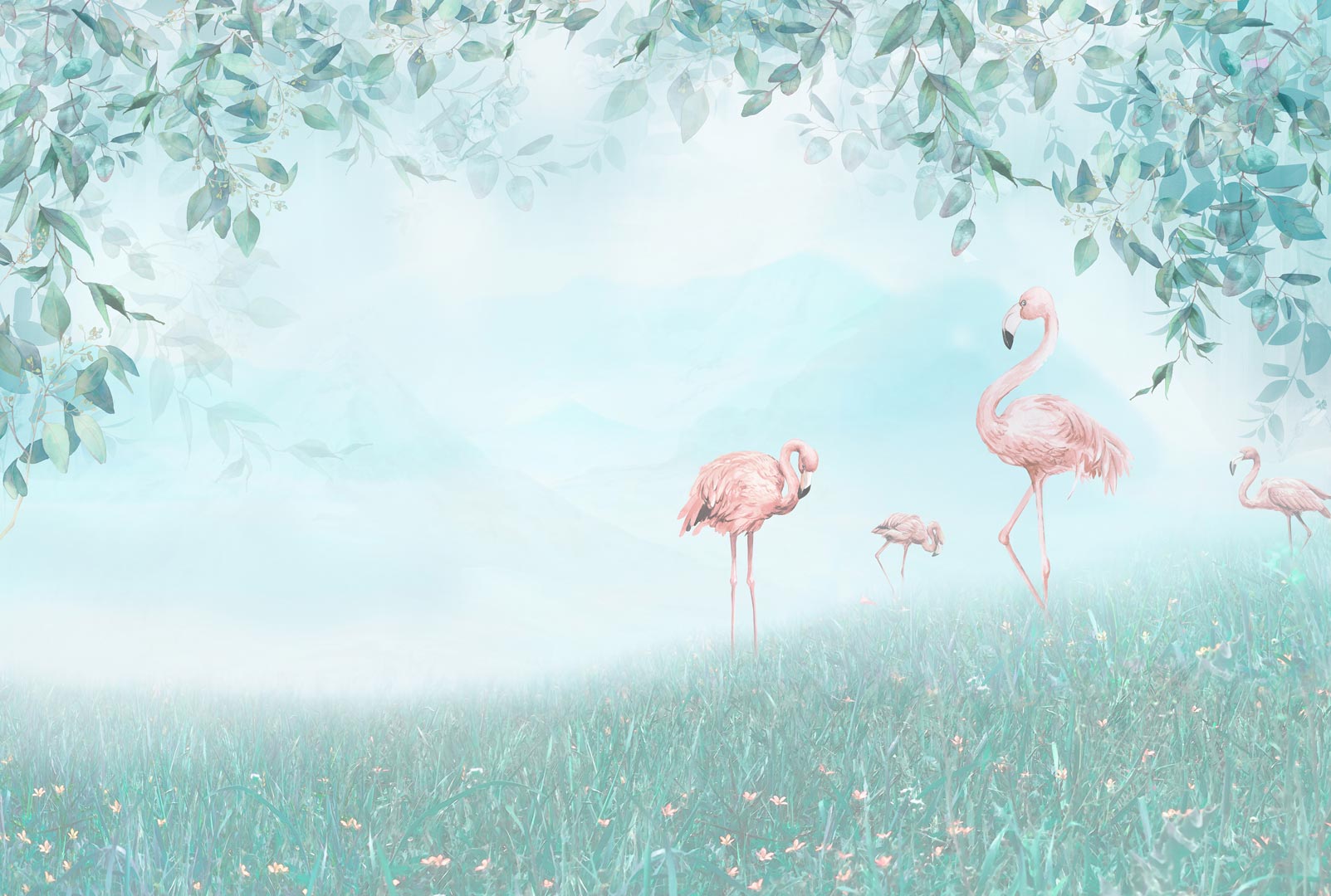 Watercolour decorative wallpaper - pink flamingos on a turquoise meadow - Dekoori image 1