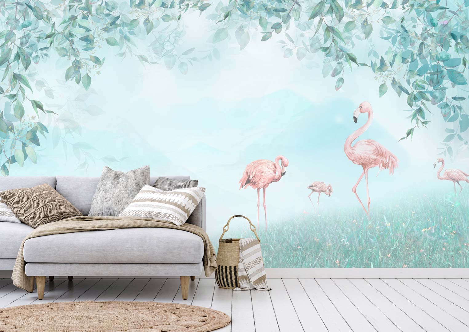 Akvarelová dekorativní tapeta na zeď - růžoví plameňáci na tyrkysové louce - Dekoori obrázek 2