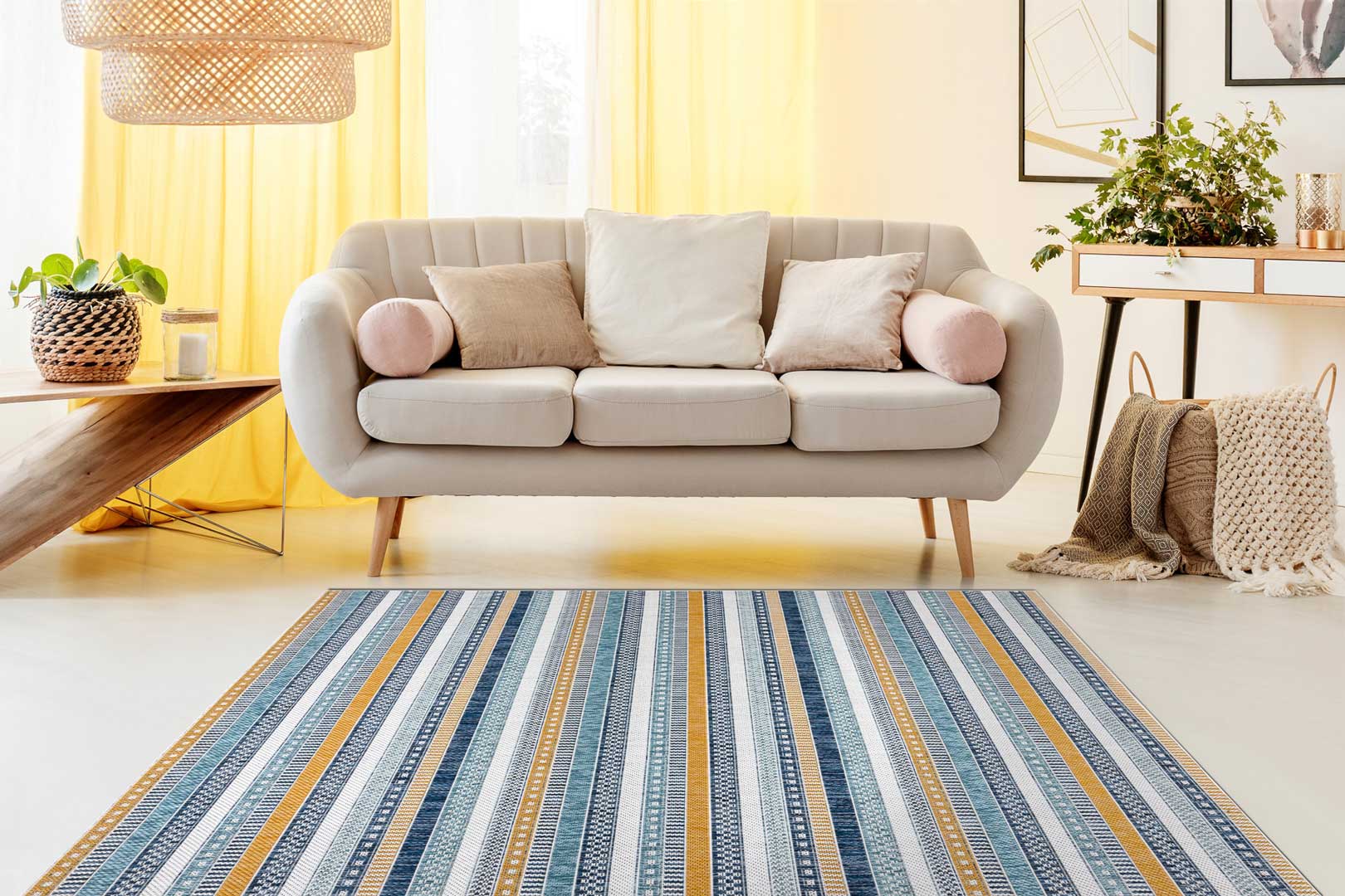 Žlutý a modrý pruhovaný koberec, provázkový, šňůrkový, boho, etno, skandinávský - Dywany Łuszczów obrázek 4