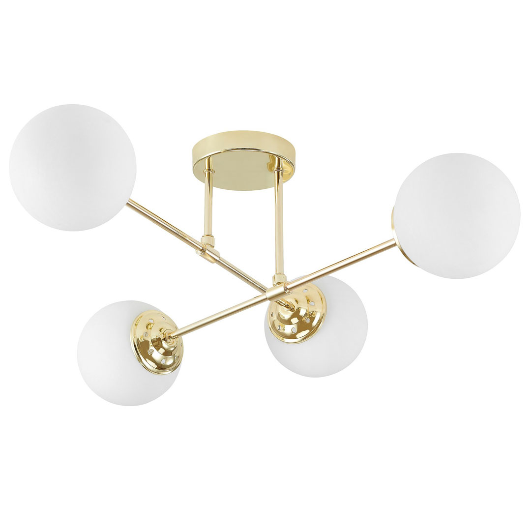 Zlaté stropné svietidlo, asymetrický tvar, kovové trubice, biele gule, klasická zlatá farba - FINO - Lampit obrázok 1