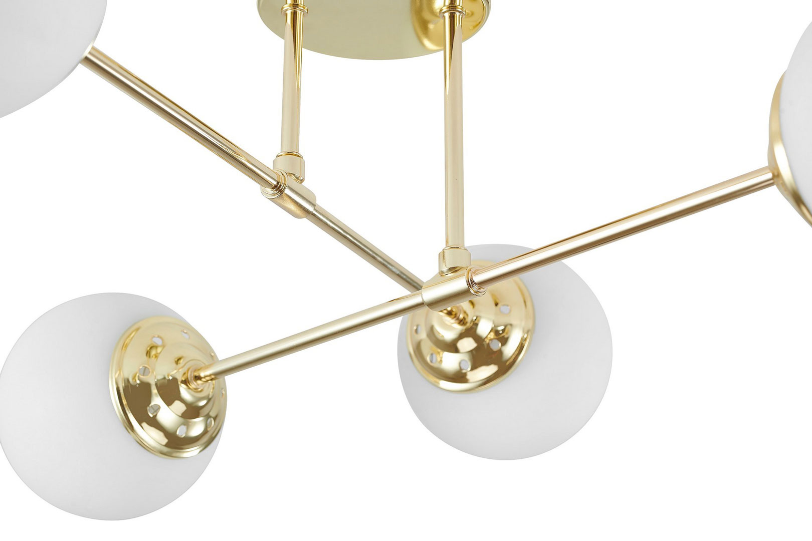 Złota lampa sufitowa asymetryczna, metalowe rurki, białe kule, klasyczne złoto - FINO - Lampit zdjęcie 3
