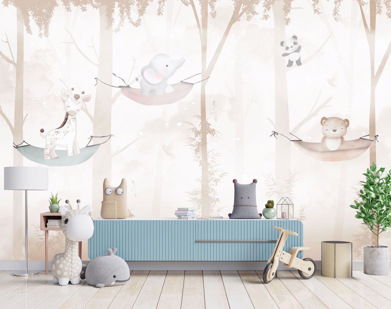 Pastel children's wallpaper FOREST SLEEP, animals in the forest on hammocks, giraffe, elephant, teddy bear, panda - Dekoori image 2